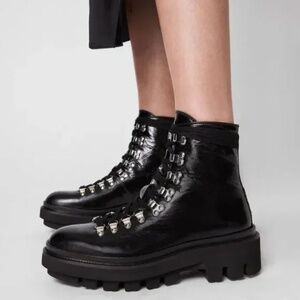 AllSaints Wanda Lug Sole Combat Black Leather Platform Boot, Sz US 7.5, EU 38